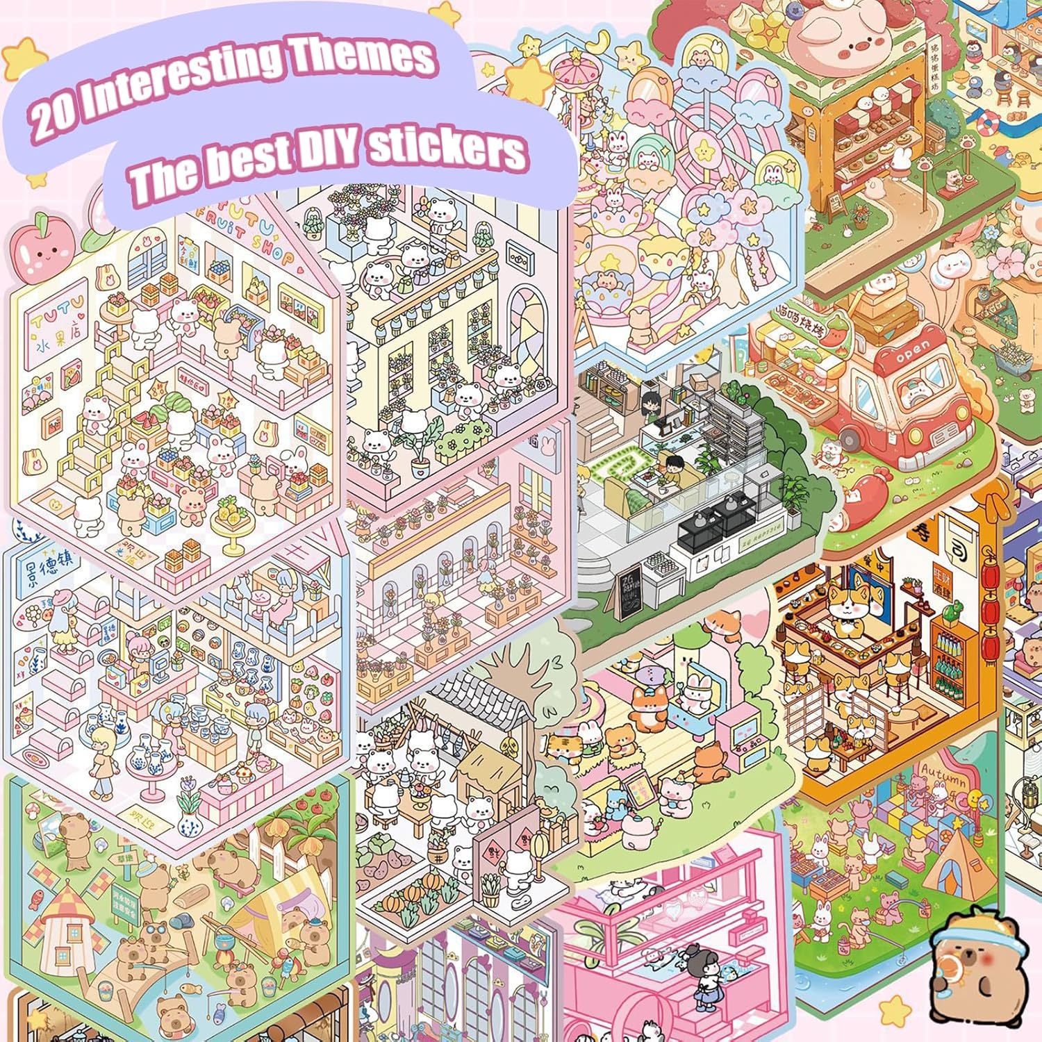 20 Sets Scene Adult Sticker Book for Adults,Book Stickers 3D Sticker Therapy 3D Scenes,Scene Stickers Include Water Park, Cake Store, Outdoor Party, Flower Store