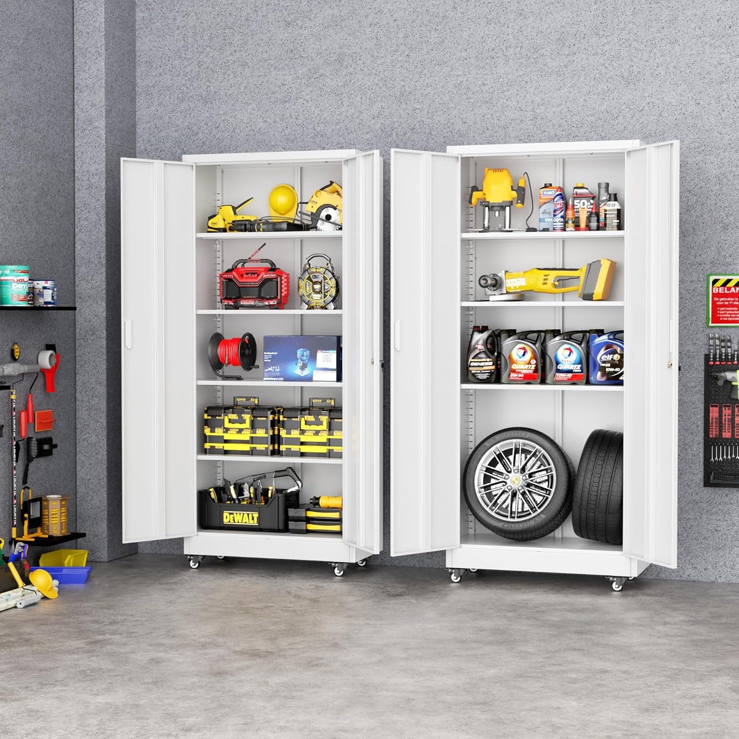 Greenvelly 73" Metal Storage Cabinet with Wheel and Pegboard, Lockable White Metal Garage Cabinets with 2 Doors and 4 Adjustable Shelves, Rolling Steel Tool Cabinet for Garage, Home Office, School