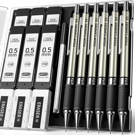 Four Candies Metal Mechanical Pencil Set - 6PCS 0.5mm Art Mechanical Pencils & 360PCS HB Lead Refills & 3PCS Erasers & 9PCS Eraser Refills, Drawing Mechanical Pencils for Writing, Sketching-With Case