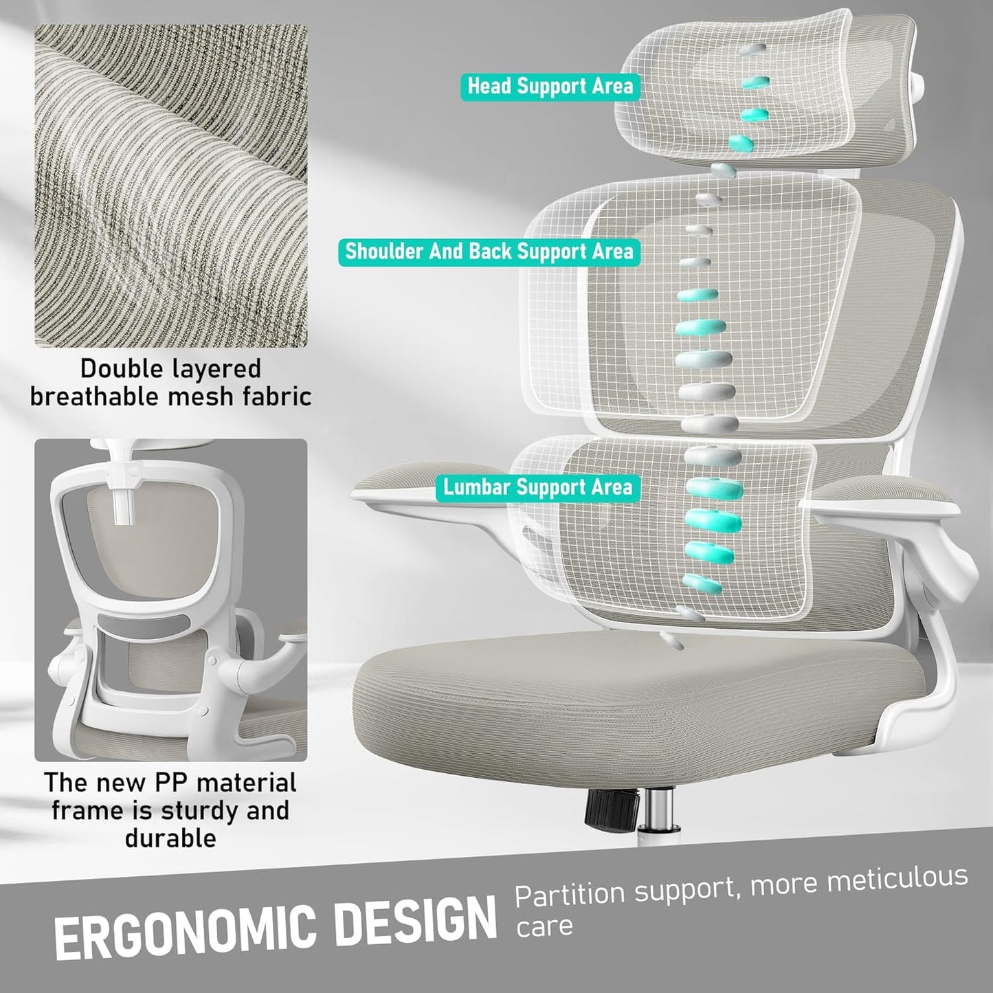 High Back Ergonomic Office Chair, Breathable Mesh Desk Chair with Lumbar Support, Adjustable Headrest, Flip-up Armrests, Computer Gaming Chair