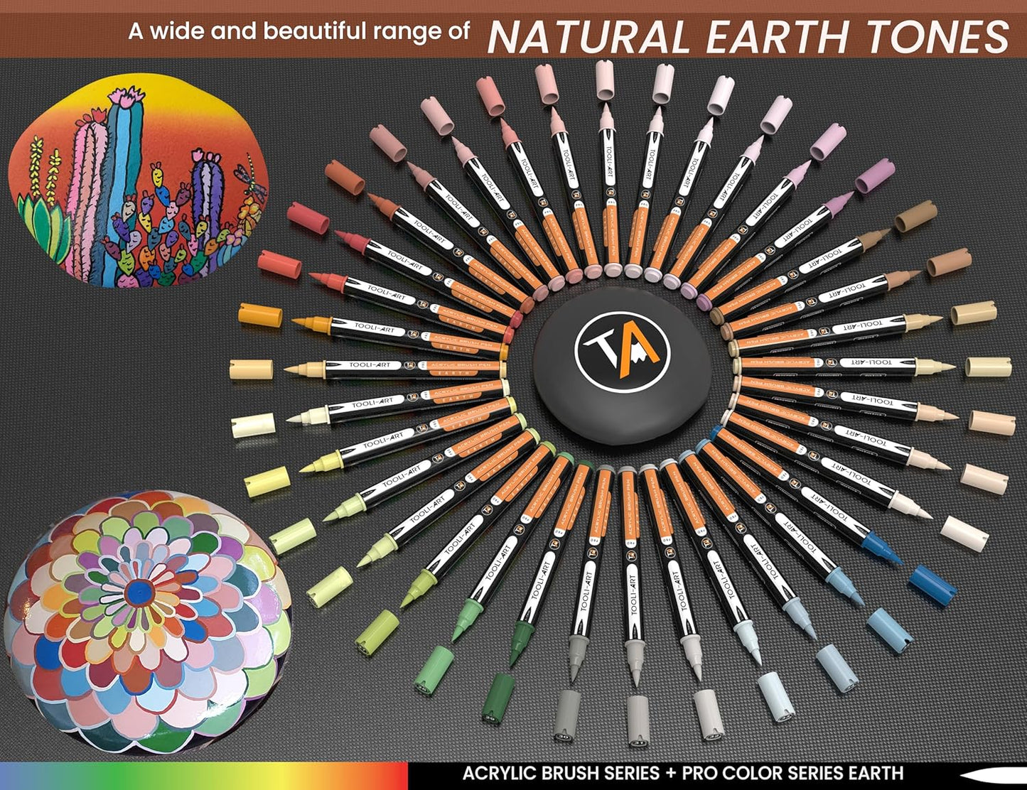 36 Flexible Brush Tip Earth Tones Acrylic Paint Pens Markers Set 1-7mm Line for Rock Painting, Brush Lettering, Glass, Mugs, Wood, Metal, Canvas, Fabric, Plastic. Non Toxic Waterbased Quick Drying