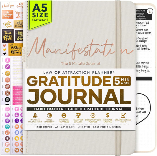 Gratitude Journal for Women & Men - 5 Minute Self Care Journal | 90-Day Undated Daily Planner for Positivity, Affirmations & Manifestation | Guided Mindfulness, Reflection | Vision Board + Stickers