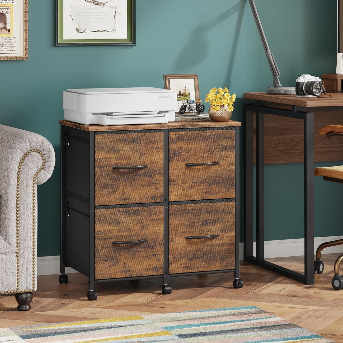 4 Drawer Lateral File Cabinet, Mobile Filing Cabinet for Large Printer, Home Office Functional Small Office Storage Cabinet & Printer Stand, Fabric Drawer, Fits Letter/A4, Rustic Brown
