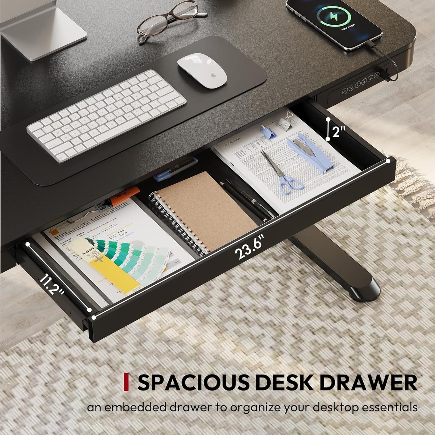 Standing Desk with Drawer, Electric Height Adjustable Home Office Desk with Storage & USB Ports, 48 inch Black Wood Tabletop/White Frame