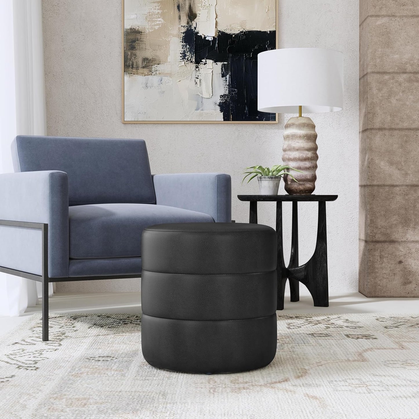 HomePop Upholstered Faux Leather Round Ottoman Home Décor|Foot Rest Ottoman- Black Faux Leather