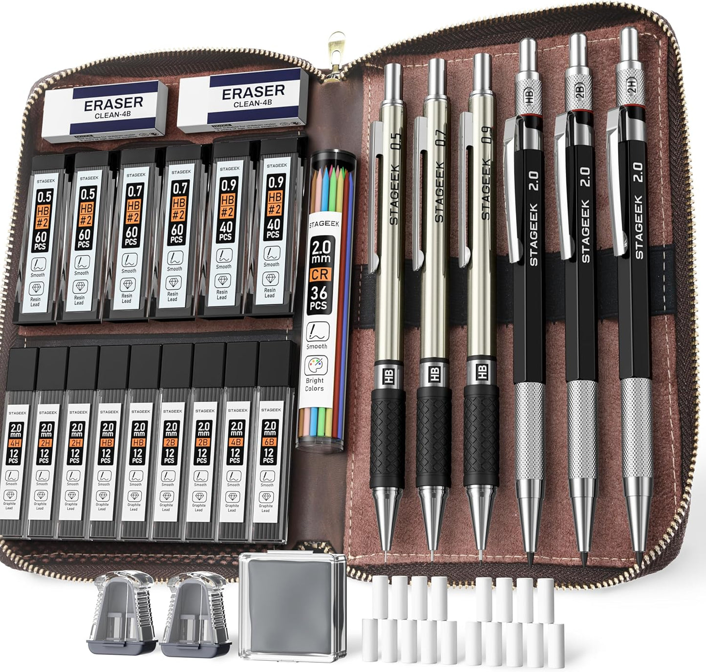 30PCS Art Mechanical Pencil Set with Leather Bag, Metal Artist Lead Pencil 0.5, 0.7, 0.9 mm, 3PCS 2mm Sketching Pencil (4H 2H HB 2B 4B 6B Color) with 464PCS Graphite Lead Refills for Drawing