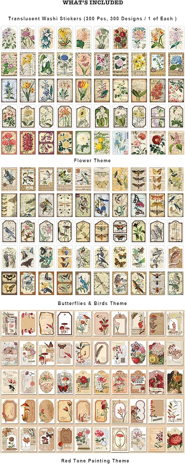 300 Pcs Scrapbook Washi Stickers,Vintage Flower Butterfly Botanical Sticker Book for Junk Journal,Decorative Paper Stickers for Bullet Journal, Album, Collage, Planner, Gift Wrapping