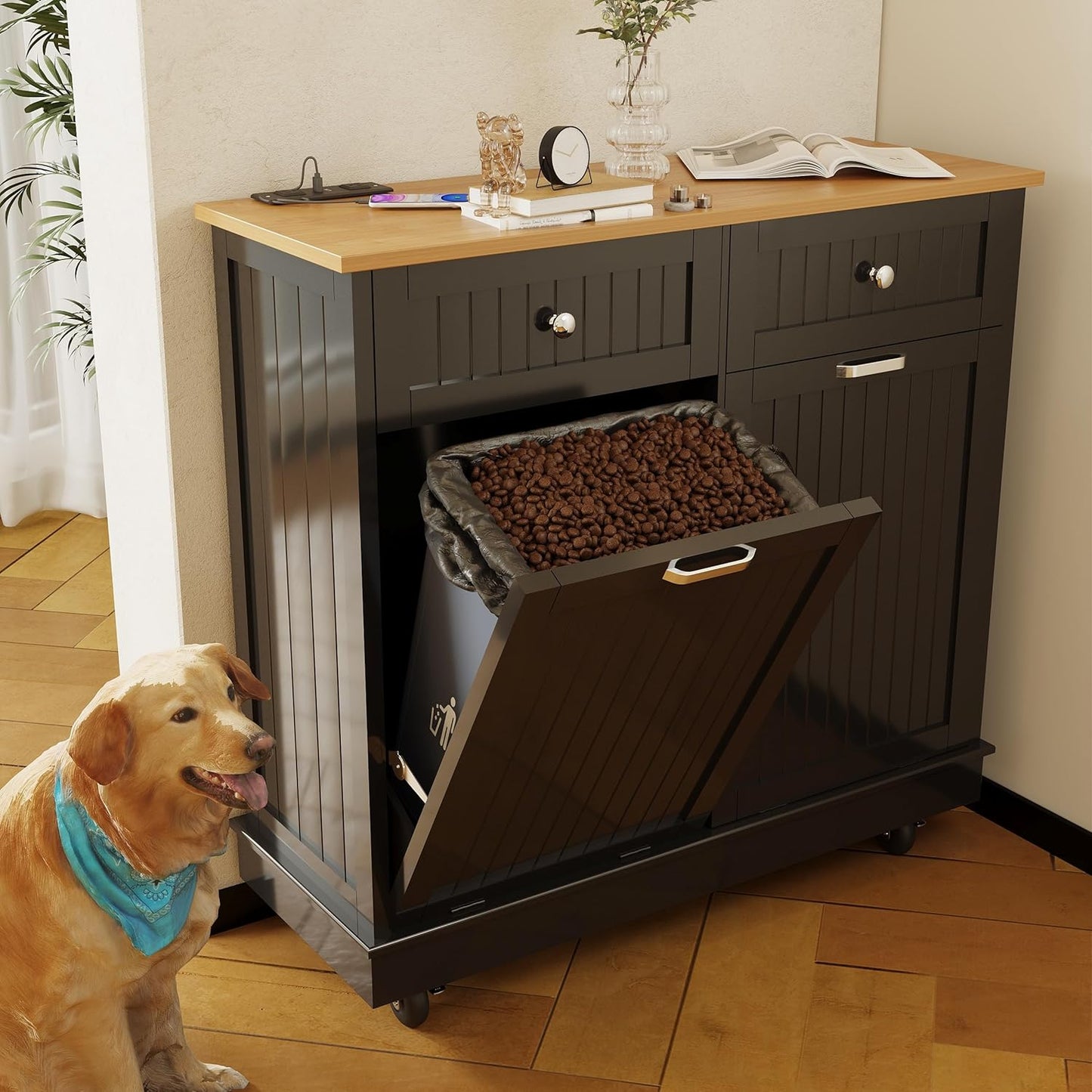 20 Gallon Tilt Out Trash Cabinet, Wooden Kitchen Trash Can Cabinet with Hideaway Drawer, Freestanding Laundry Hamper Garbage Recycling Cabinet on Wheels, Pet Proof, Double, Black