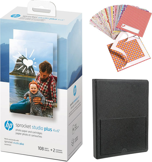 HP Sprocket Studio Plus 4 x 6” Photo Paper and Cartridges Starter Bundle: Includes 108 Sheets and 2 Cartridges, Sticker Frames, Photo Album