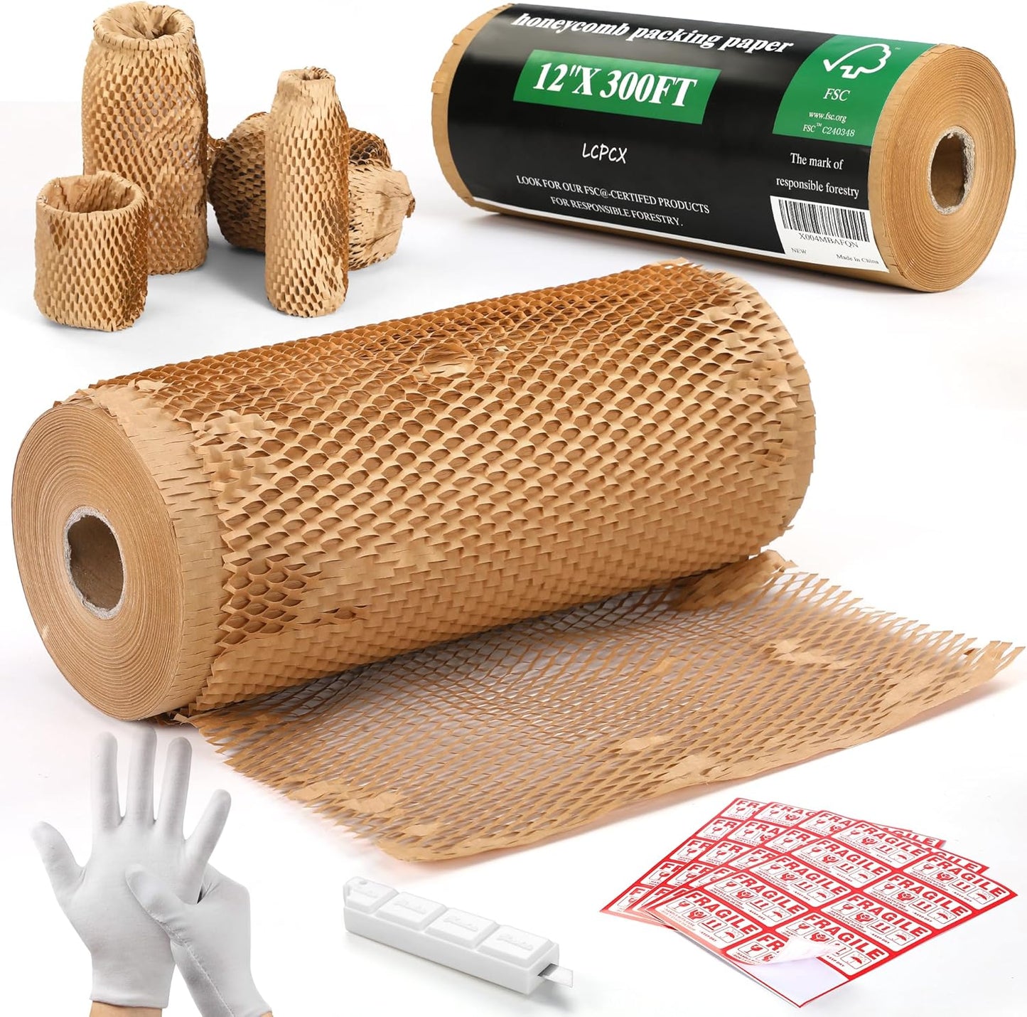 12"x300Ft Honeycomb Packing Paper & Bubble Wrap for Moving - FSC Certified Recyclable Packaging Kit with 40 Pcs Fragile Stickers & Safety Cutter (Eco-Friendly Heavy Duty Protection)