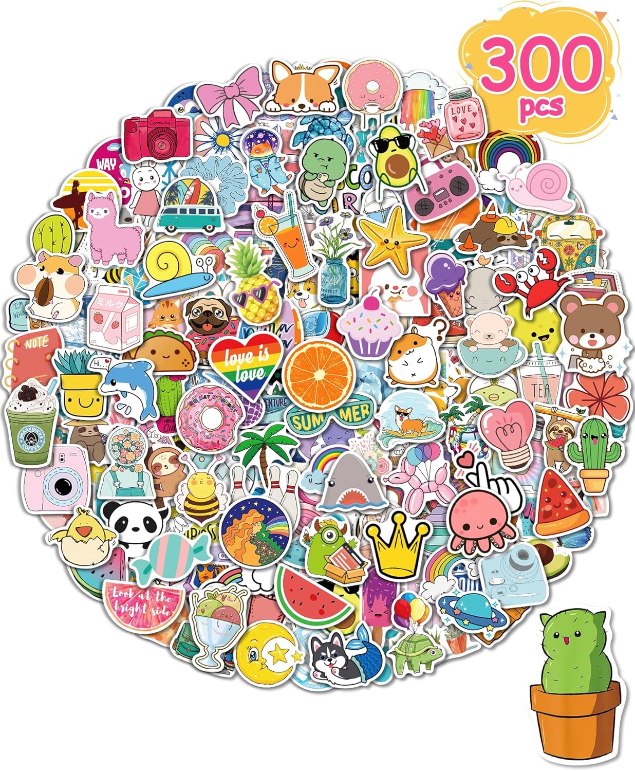 Sticker for Water Bottles, 300 Pcs/Pack Cute Vinyl Waterproof Vsco Laptop Stickers for School Students Gifts Classroom Teachers Prizes Stickers for Kids Teens Girls