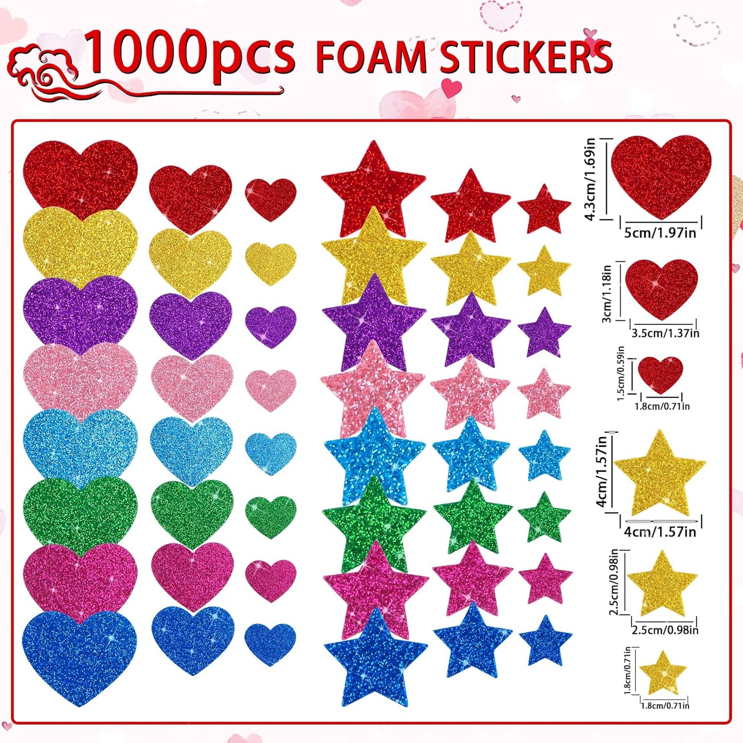 1000 PCS Foam Stickers Glitter Heart Stickers, Colorful Heart Stars Shapes Self Adhesive Stickers, Foam Sticker for Kids Crafts Arts Supplies Scrapbooking DIY Greeting Card Envelopes Home Decor